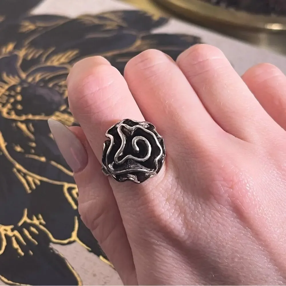 Vintage 925 Sterling Silver Abstract Rose Unique Floral Design Ring